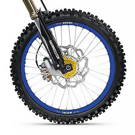 Roue avant complète HAAN WHEELS Tubeless 17x3,50x36T jante bleu/moyeu or/rayons argent/têtes de rayons argent