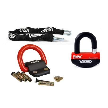 Kit antivol VECTOR - chaîne 1,30m + cadenas/bloque-disque MiniMax+ + Fixation Compac Blok