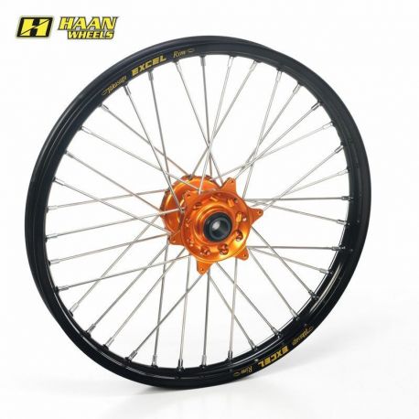 Roue avant complète HAAN WHEELS 17x3,50x36T jante noir/moyeu orange/rayons noir/têtes de rayons orange